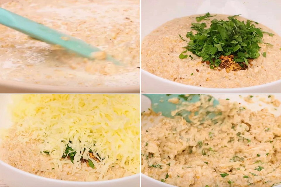 Thêm rau thơm thái nhỏ và phô mai bào sợi Mozzarella vào tô yến mạch trộn đều.