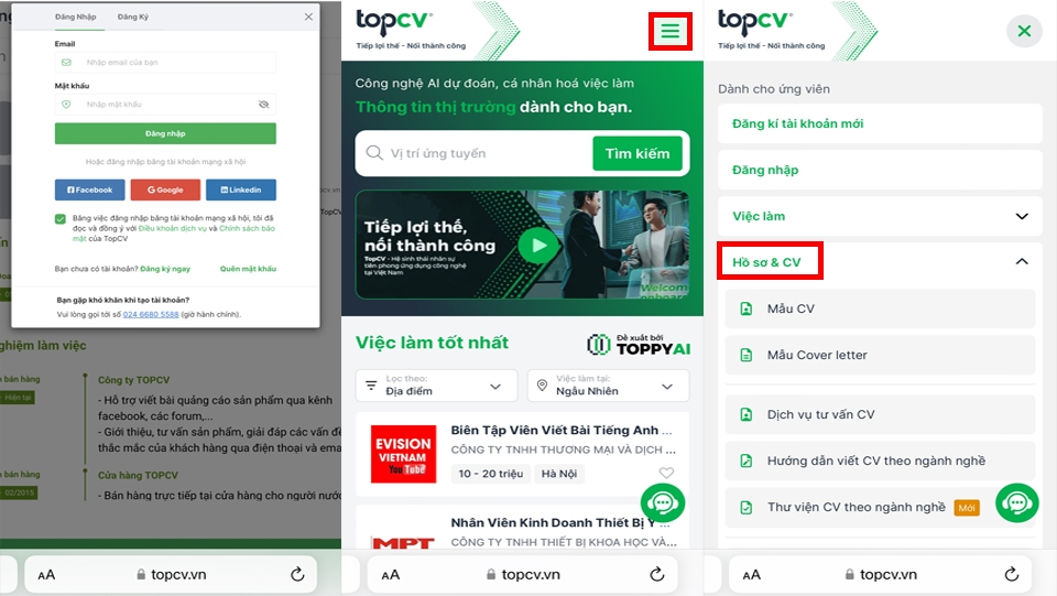 Truy cập vào TopCV
