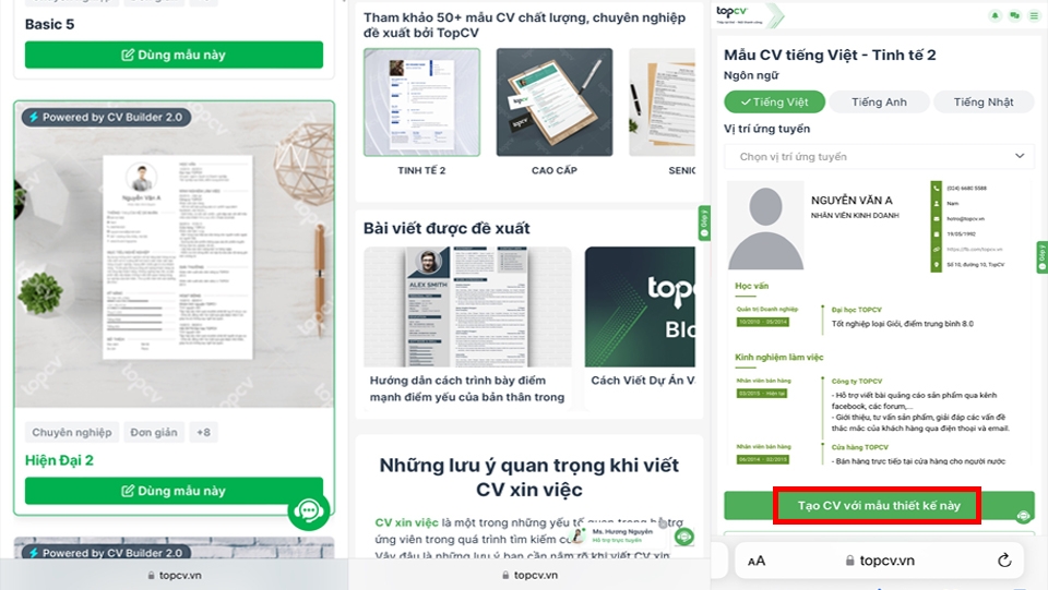 Lựa chọn mẫu CV có sẵn theo sở thích