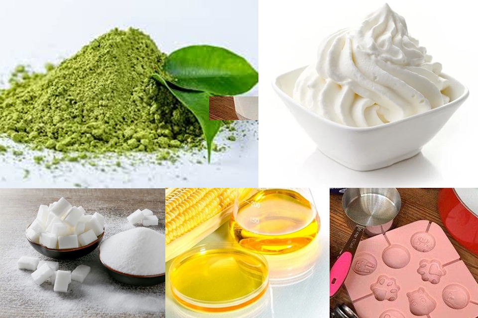 Nguyên liệu trong cách làm kẹo mút vị trà xanh.