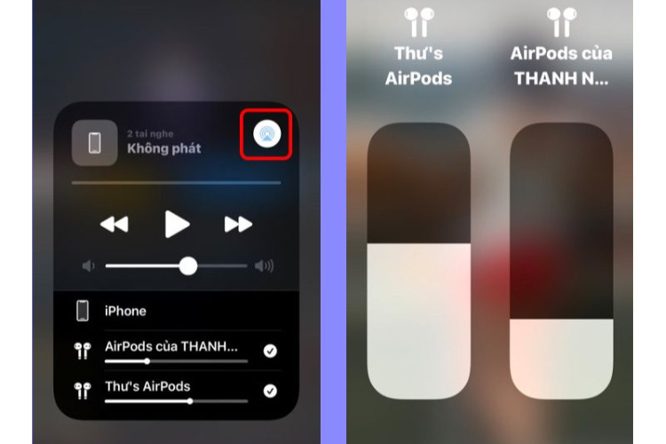 Điều chỉnh âm lượng cho từng cặp tai nghe khi chạm vào nút AirPlay