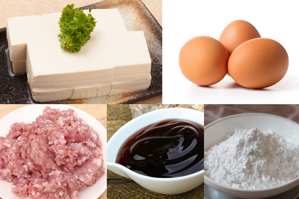 Nguyên liệu cần có trong cách làm đậu hũ non hấp trứng thịt băm.
