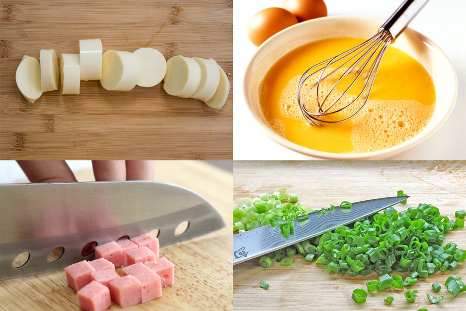 Sơ chế nguyên liệu làm đậu hũ non hấp trứng và xúc xích.