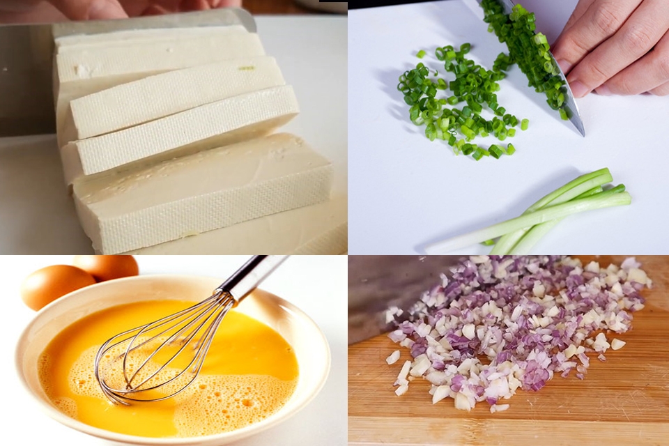 Sơ chế nguyên liệu làm đậu hũ non hấp trứng thịt băm.