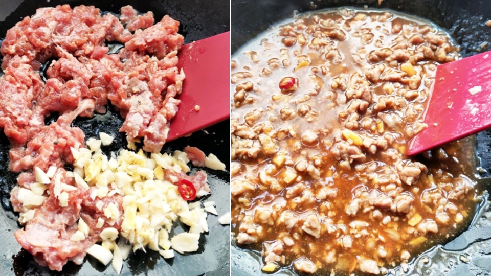 Nấu sốt thịt băm cùng gia vị.