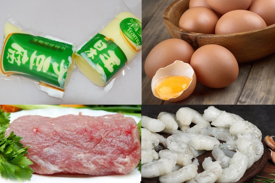 Nguyên liệu làm đậu hũ non hấp trứng và tôm thịt.