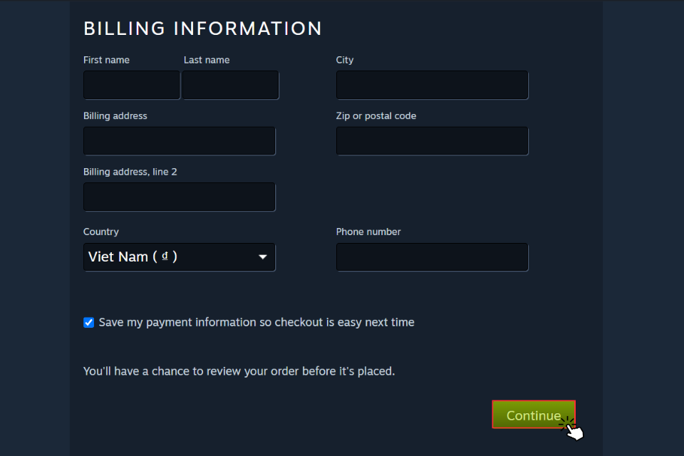 Chọn phương thức thanh toán thích hợp và nhấn Continue để thanh toán giao dịch