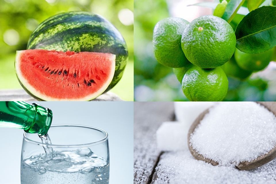 Nguyên liệu cho cách pha chế soda dưa hấu mát lạnh.