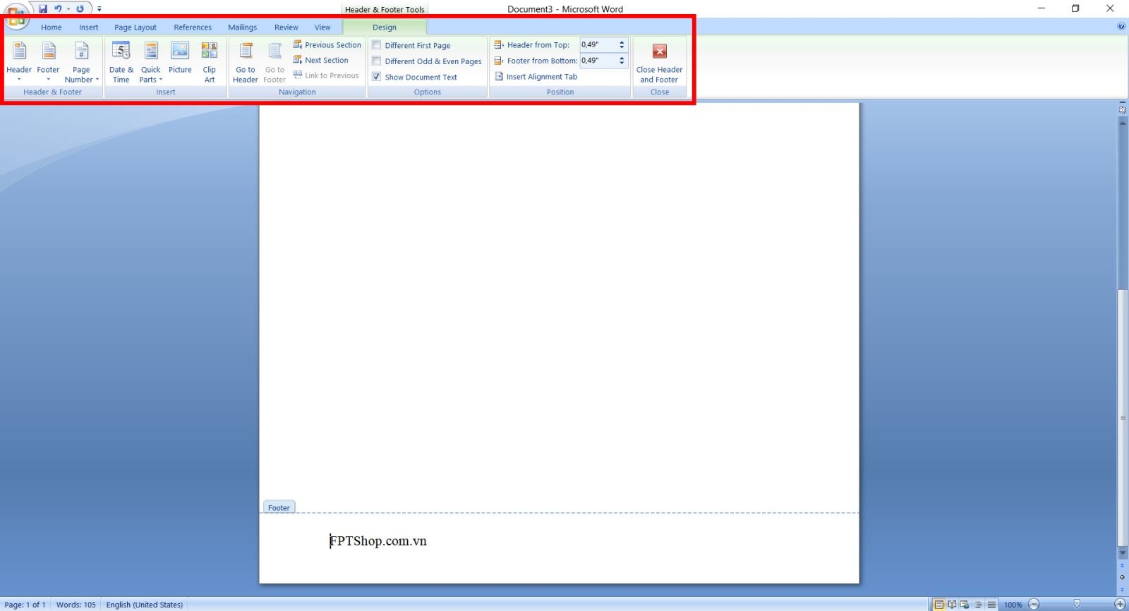 header and footer trong word 7