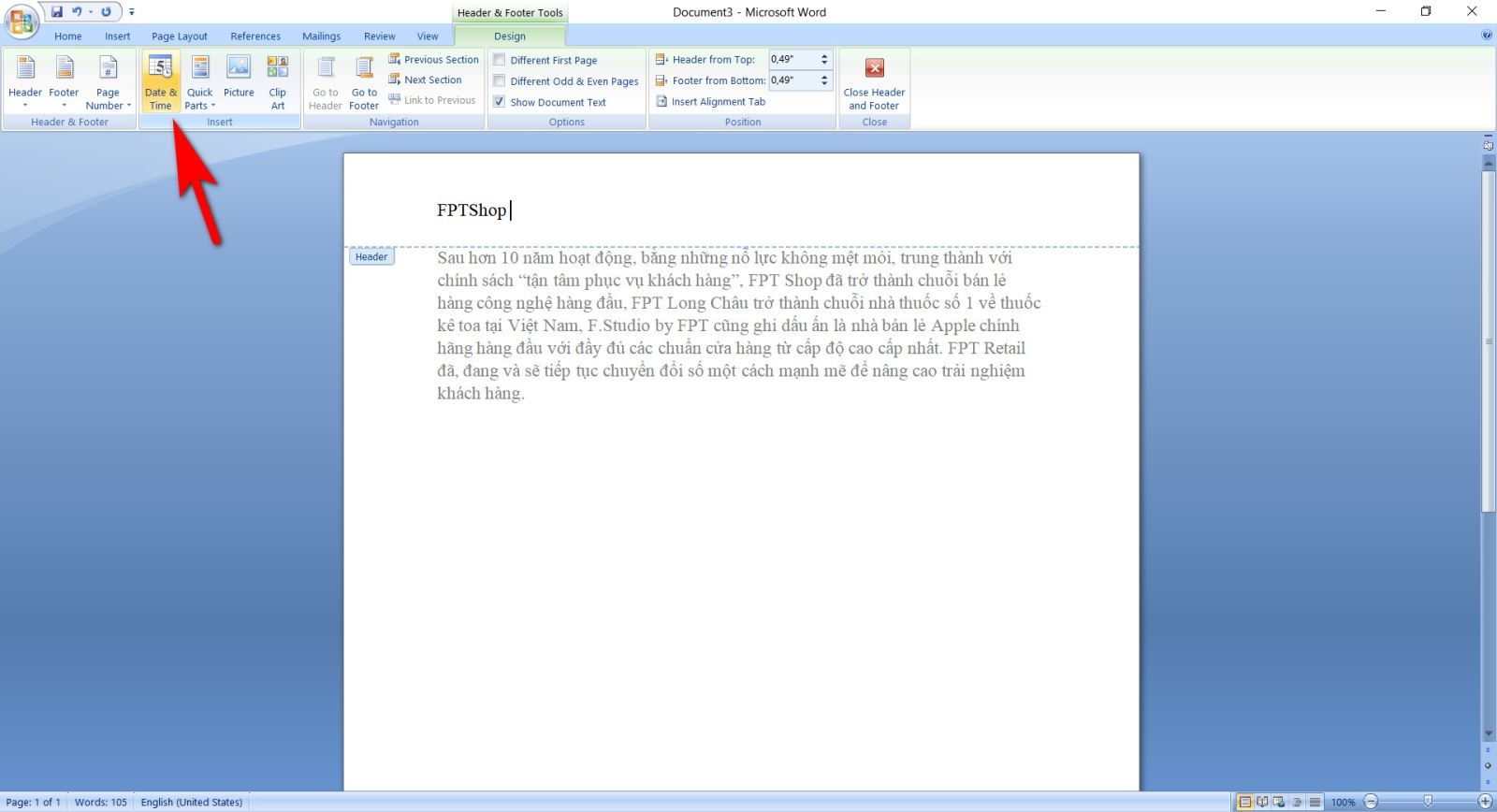 header and footer trong word 15