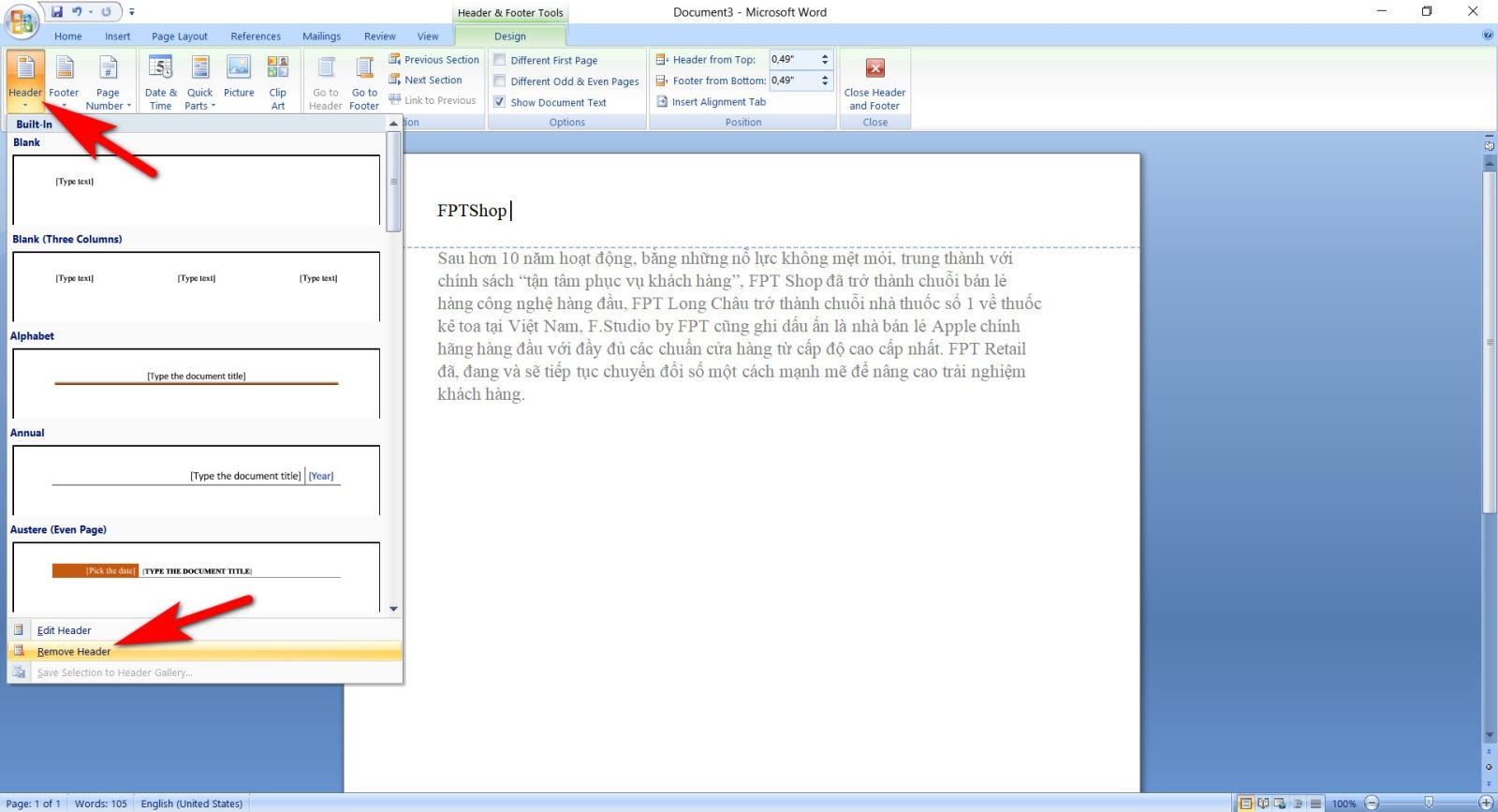 header and footer trong word 11