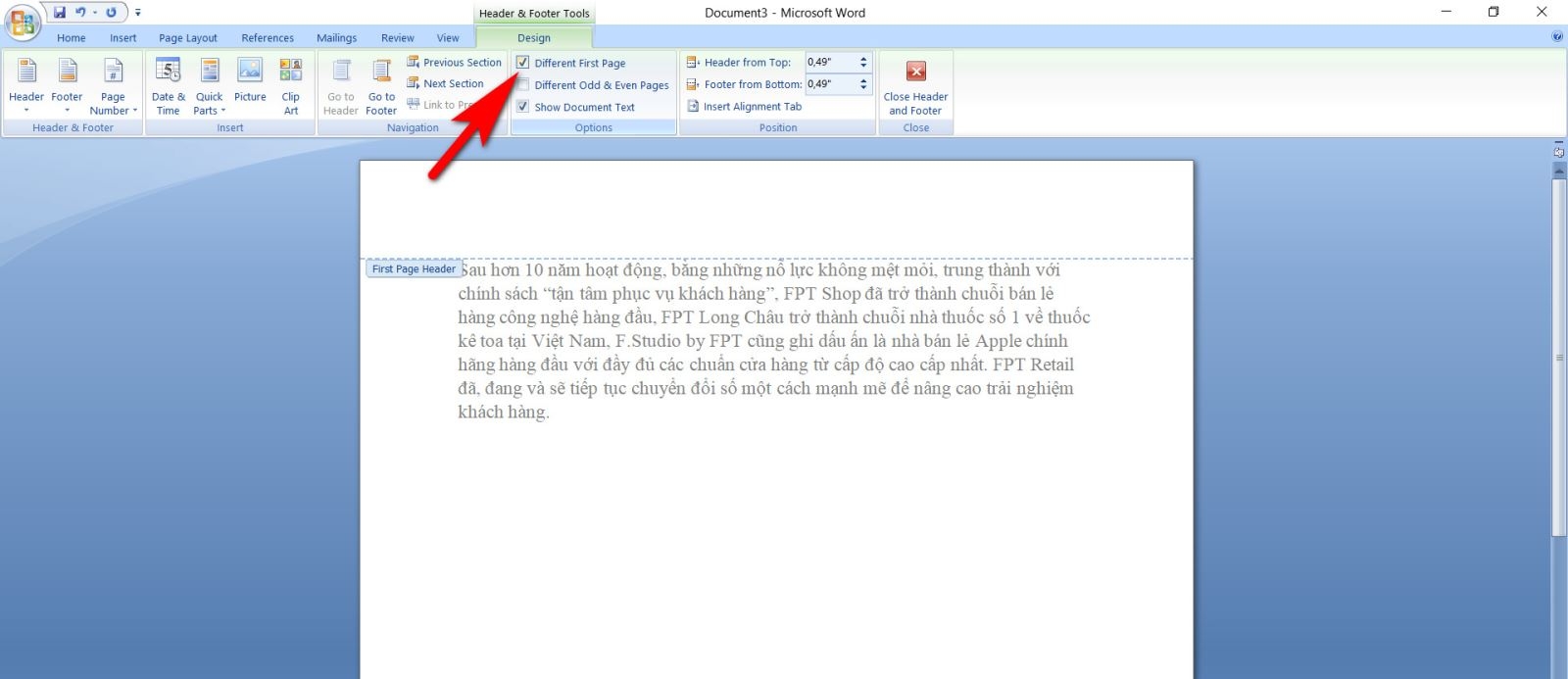 header and footer trong word 13
