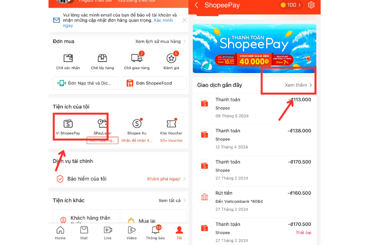 Bạn có thể dễ dàng kiểm tra và quản lý lịch sử giao dịch của mình trên ví ShopeePay