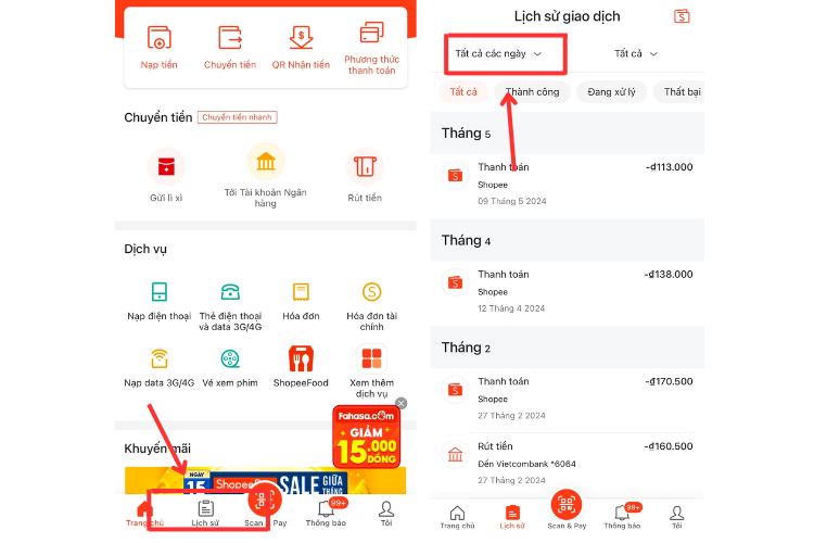 Kiểm tra lịch sử giao dịch ví ShopeePay trên app ShopeePay