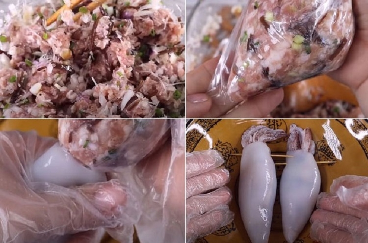 Nhồi nhân thịt vào mực ống