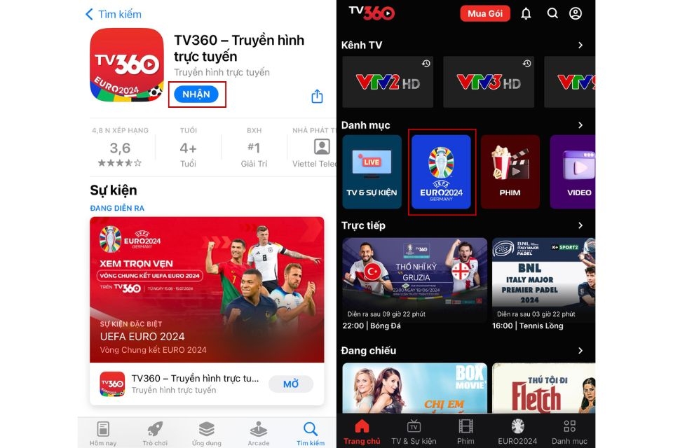 Xem Euro trên ứng dụng điện thoại TV360