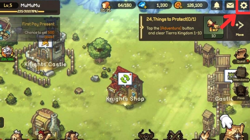 Bước 1: Truy cập vào game Unknown Knights. Tại giao diện chính, ở góc trên bên phải, nhấn chọn mục Cài đặt.