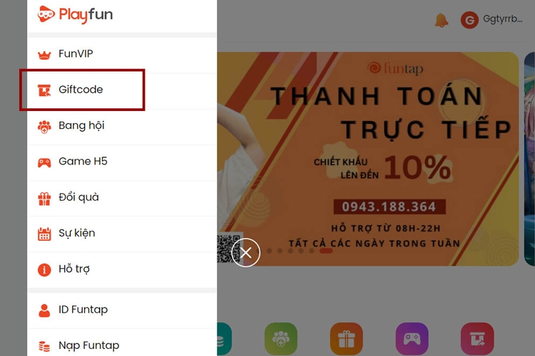 Nhấn vào dấu 3 gạch ngang góc trên bên trái > chọn&nbsp;Giftcode