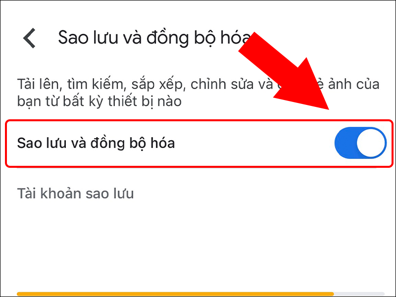 Chọn bật tính năng Sao lưu và đồng bộ hóa.