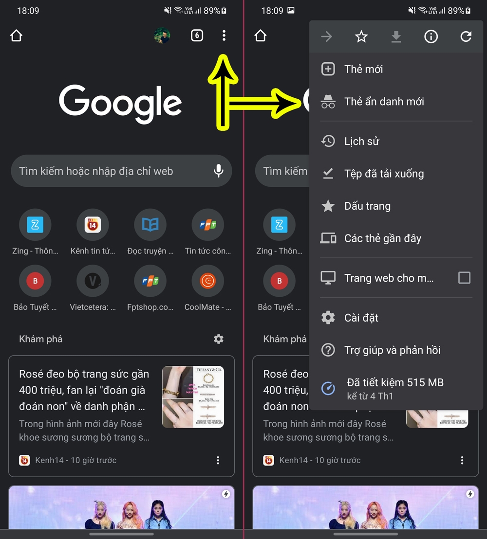 Cách mở tab ẩn danh trên Chrome cho điện thoại Android