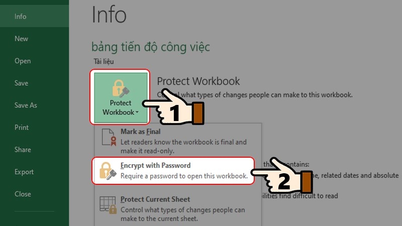 Chọn "File" > Chọn "Protect Workbook."