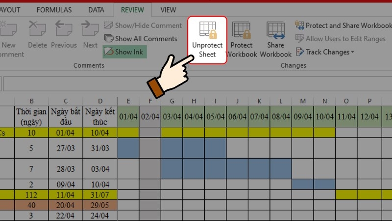chọn Unprotect Sheet