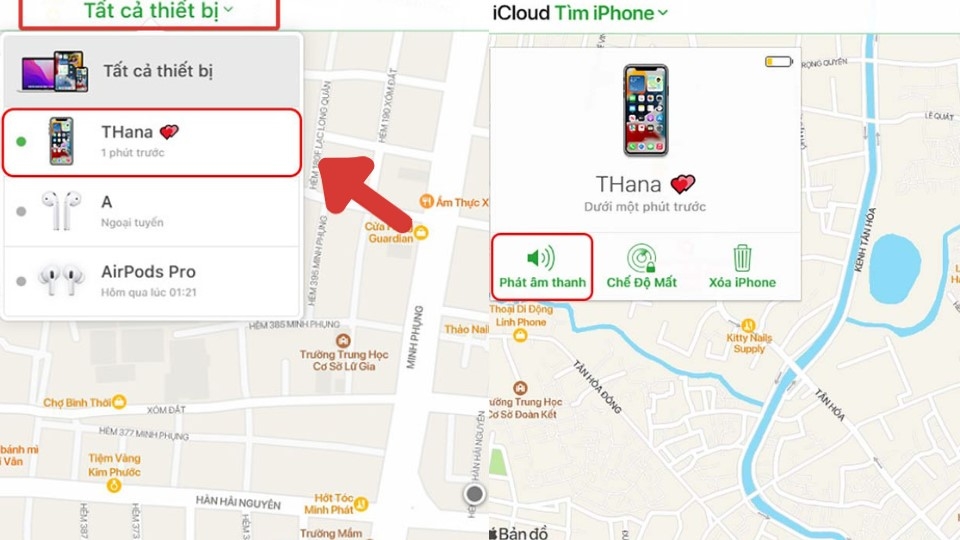 Khi bản đồ xuất hiện và hiển thị tất cả các thiết bị được liên kết với tài khoản ID Apple của bạn, bạn có thể chọn thiết bị cụ thể mà bạn muốn theo dõi và vị trí của nó sẽ hiển thị trên bản đồ.