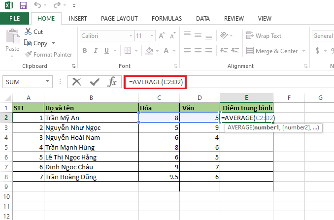 Hàm tính giá trị trung bình AVERAGE