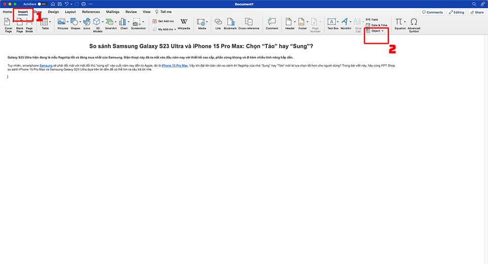Chèn Excel vào Word bằng tab Insert
