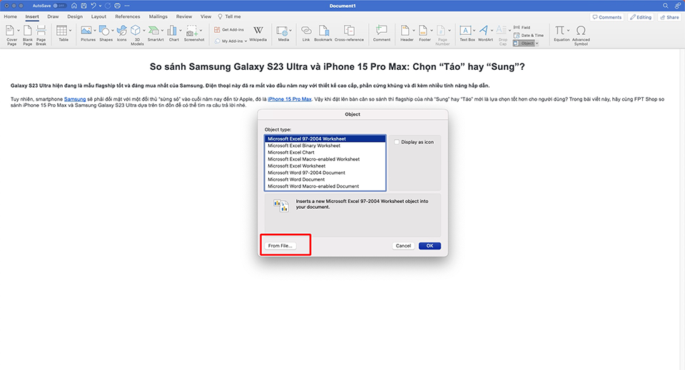 Chèn Excel vào Word bằng tab Insert (ảnh 2)
