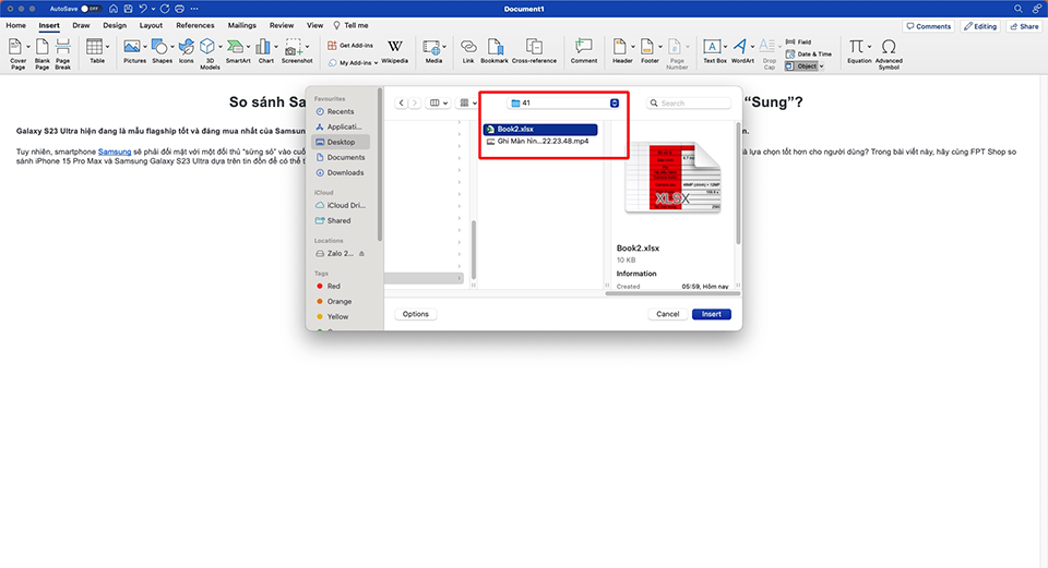 Chèn Excel vào Word bằng tab Insert (ảnh 3)
