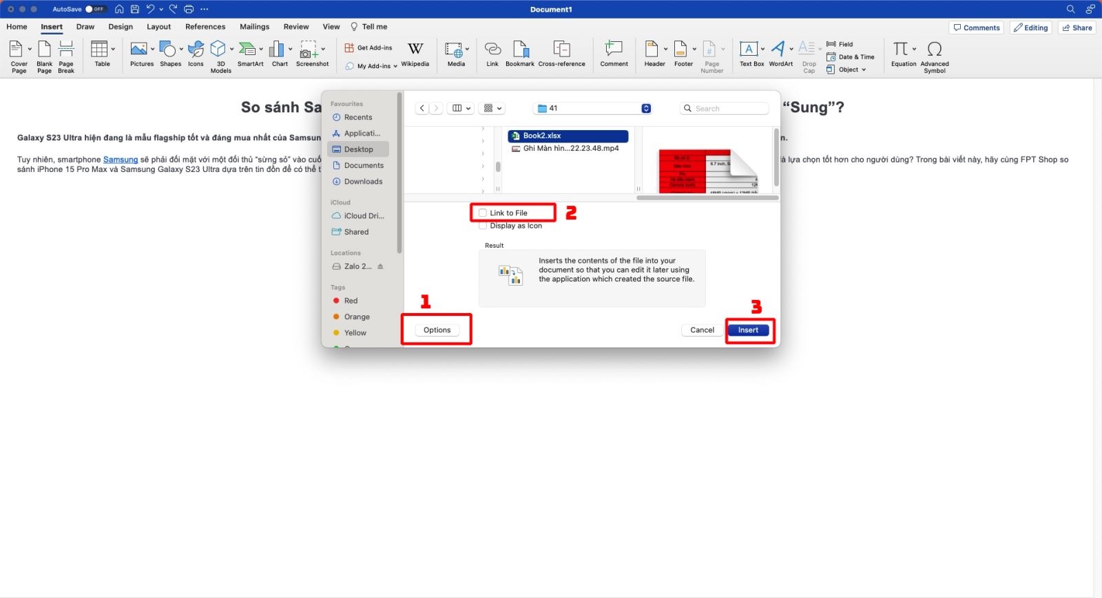 Chèn Excel vào Word bằng tab Insert (ảnh 4)