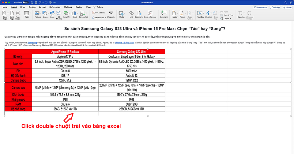 Cách xóa bảng Excel chèn vào Word