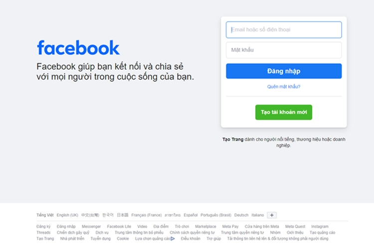 Giao diện đăng ký facebook bằng số điện thoại