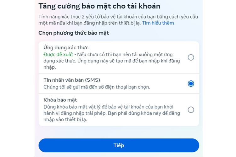 Chọn tin nhăn văn bản SMS để nhận OTP