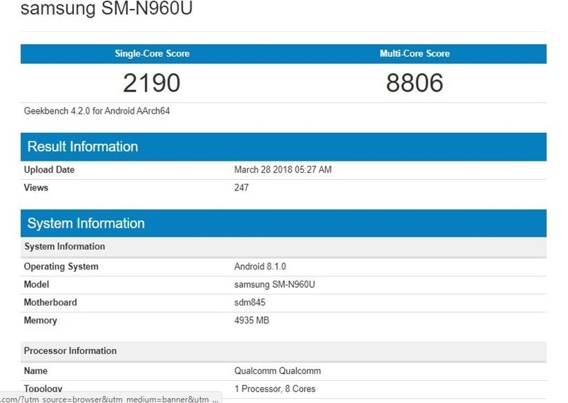 Galaxy Note 9 xuất hiện trên GeekBench