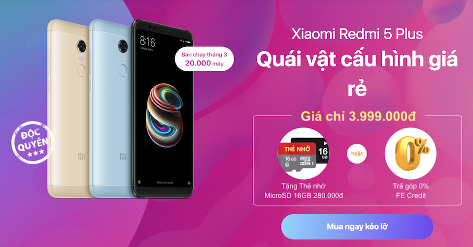 FPTShop hiện là đơn vị phân phối độc quyền Xiaomi Redmi 5 Plus.