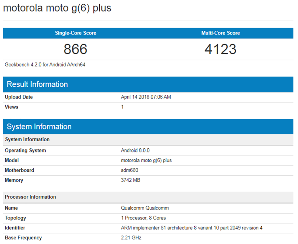 Moto G6 Plus xuất hiện trên Geekbench (ảnh 1)
