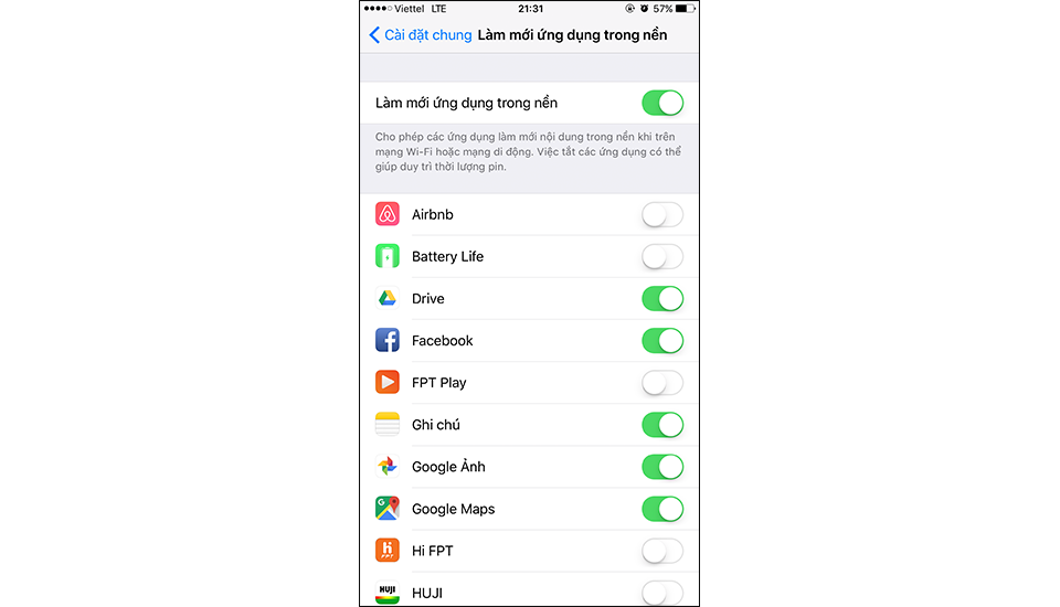 Gạt thanh màu xanh thành màu xám bên cạnh ứng dụng mà bạn muốn tắt chạy ngầm.