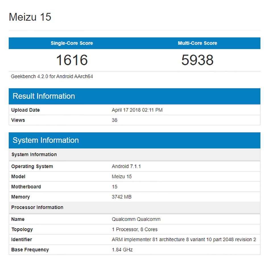 Meizu 15 lộ cấu hình trên Geekbench