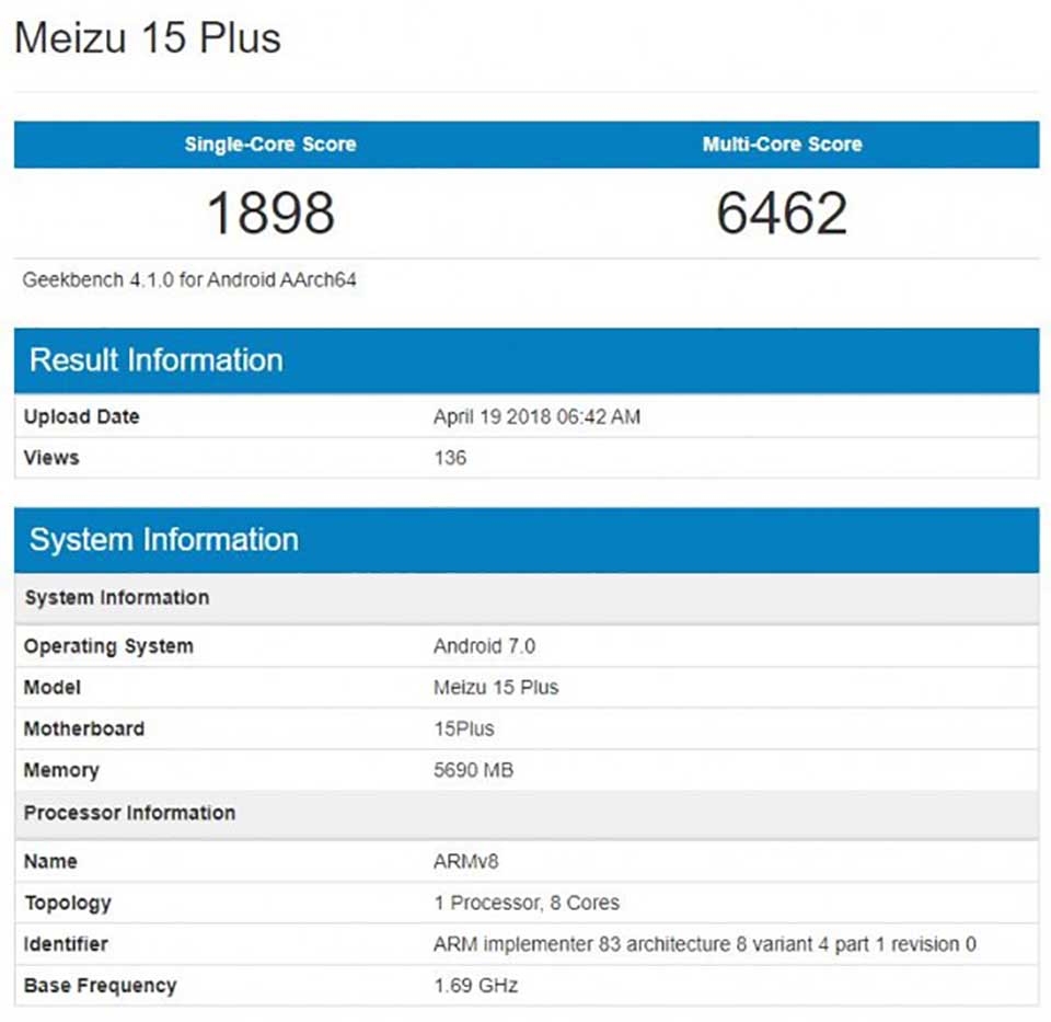 meizu 15 Plus lộ cấu hình trên Geekbench