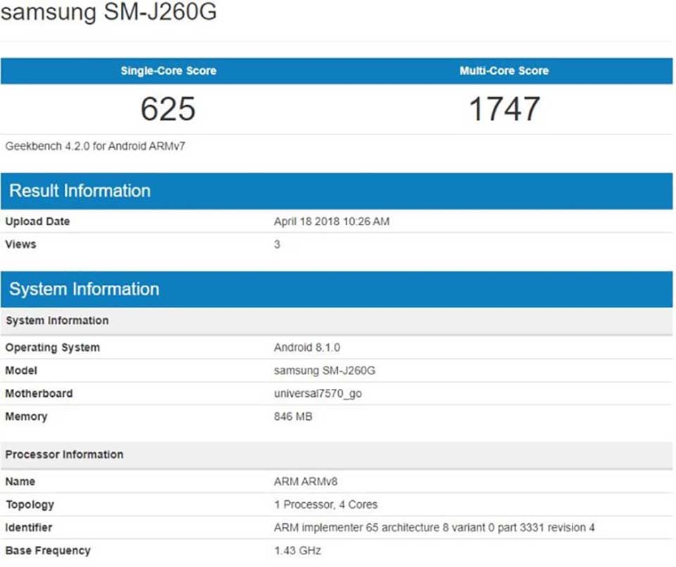 Galaxy J2 Core lộ cấu hình trên Geekbench Galaxy J2 Core lộ cấu hình trên Geekbench