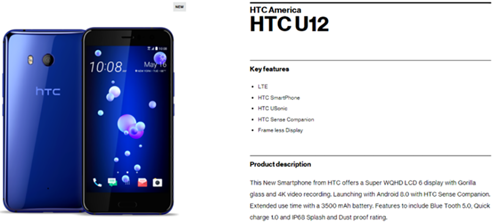 HTC U12 xuất hiện trên website Verizon