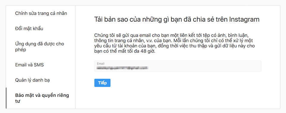 Cách tải dữ liệu Instagram về máy tính để lưu trữ Nhập Email liên kết với tài khoản Instagram của bạn.