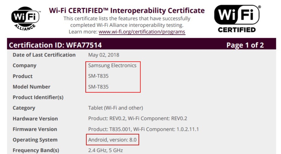 Galaxy Tab S4 đạt chứng nhận Wifi