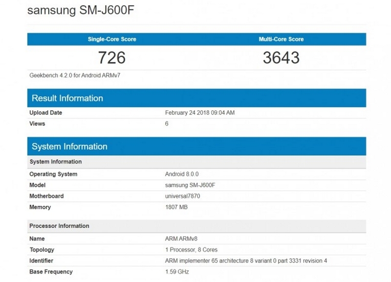 Galaxy J6 xuất hiện trên GeekBench Galaxy J6 xuất hiện trên GeekBench