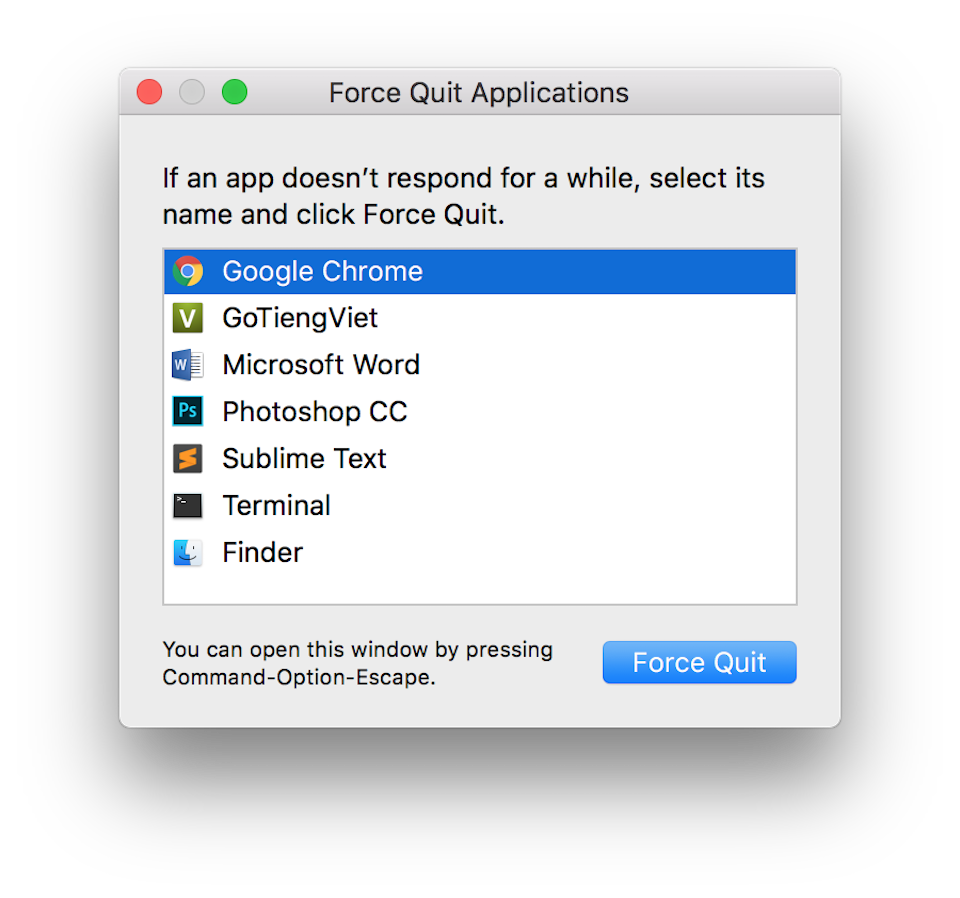 Cách đóng ứng dụng bị treo trên hệ điều hành macOS Chọn ứng dụng và nhấn nút Force Quit để đóng.