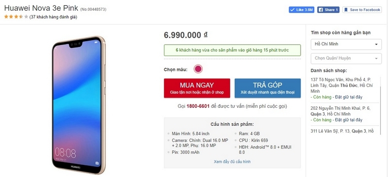 Huawei Nova 3e hồng đã chính thức được mở bán tại FPT Shop Huawei Nova 3e hồng đã chính thức được mở bán tại FPT Shop