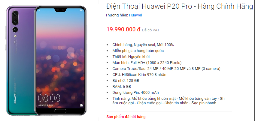 Giá bán của Huawei P20 Pro được đề cập