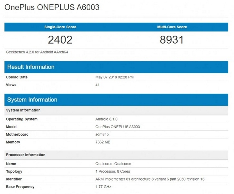 OnePlus 6 xuất hiện trên GeekBench